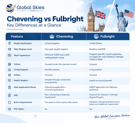 Comparison table infographic showing Chevening UK vs Fulbright USA scholarships eligibility, funding, degree levels, and GRE requirements by Global Skies Consultants.