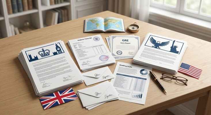 Desktop workspace displaying organized scholarship application documents, transcripts, reference letters, and GRE test scores alongside UK and US flags.